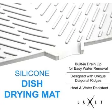 Luxet Silicone Dish Drying Mat with Built-in Drain Lip - Hygienic Drying Pad - Sturdy Compact Easy to Clean Tray Protects Surfaces Prevents Water Build Up - 23 X 17 (White)