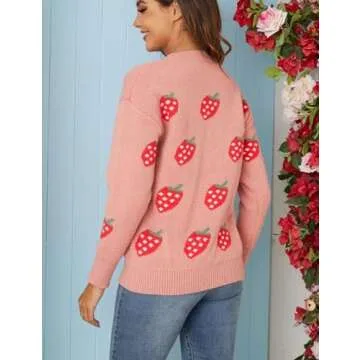 Gihuo Valentine Strawberry Sweater for Women Cute Kawaii Casual Crewneck Long Sleeve Knitted Pullover Sweaters（Pink-L）