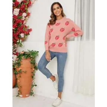 Gihuo Valentine Strawberry Sweater for Women Cute Kawaii Casual Crewneck Long Sleeve Knitted Pullover Sweaters（Pink-L）