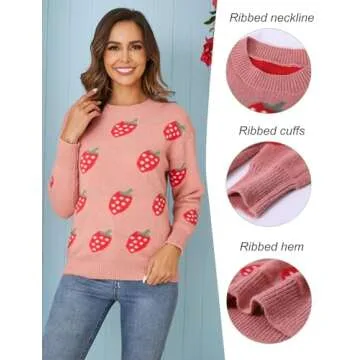Gihuo Valentine Strawberry Sweater for Women Cute Kawaii Casual Crewneck Long Sleeve Knitted Pullover Sweaters（Pink-L）