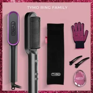 Tymo hair straightener brush - Tymo ring curly hair straightener with 20s fast heating, 5 thermostatic level hot hair straightener combs, 30 minute auto-off & 110V-240V, hair silky straightening brush