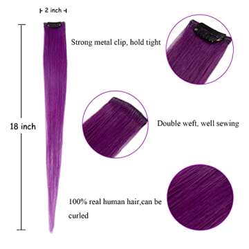 Flying Beauty purple hair extensions 18 Inches 5 Pcs Colored Party Highlights Straight Hair Clip in Human Hair Extensions in Multiple Colors
