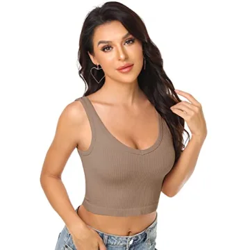 Womens Crop Tops Basic Sleeveless Both V-Neck and Round Neck 3 Pieces Black White Ribbed Seamless Casual Cami Tank Tops(P055 Bl/Gr/Kh S)