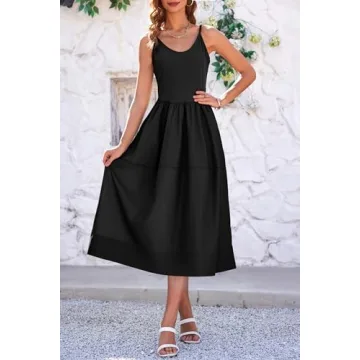 Fisoew Womens Spaghetti Strap Dress V Neck Backless Summer Casual A Line Cami Dress with Pocket Black