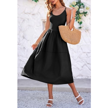 Fisoew Womens Spaghetti Strap Dress V Neck Backless Summer Casual A Line Cami Dress with Pocket Black