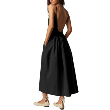 Fisoew Womens Spaghetti Strap Dress V Neck Backless Summer Casual A Line Cami Dress with Pocket Black