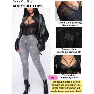 Kaei&Shi Front Double Strap See Through Lingerie,V-Neck Floral Lace Body Suit,Sexy Lingerie for Wome...