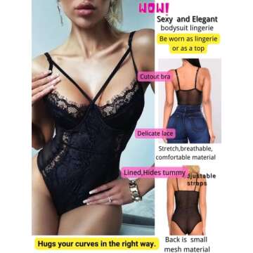 Kaei&Shi Front Double Strap See Through Lingerie,V-Neck Floral Lace Body Suit,Sexy Lingerie for Women,One Piece Bodysuit (Black, XXL=US 14)