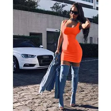 BORIFLORS Women's Casual Bodycon Mini Dress - Orange