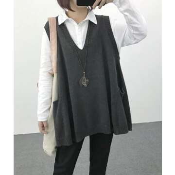 YESNO Women Loose Swing Chunky Cotton Cute Sweater Vests Oversized Cable Knit Pullover Sweaters with Pockets WM9