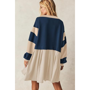 SAUKOLE Women’s 2025 Fashion A Line Short Dress Long Sleeve Loose Patchwork Flowy Sweatshirt Dresses