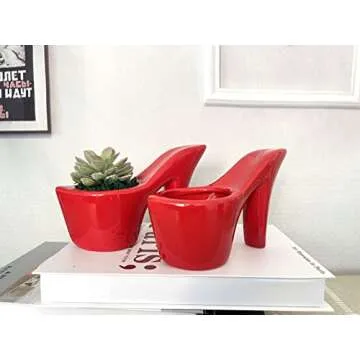 Beitewei 2PCS Succulent Planter Small Pot High Heel Shaped Ceramic Flower Pot Indoor Plant Pots Cute Planter Valentines Day Decor (Red)