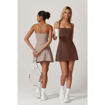 QINSEN Sleeveless Athletic Dress for Women High Waist Square Neck Tennis Dress Built in Shorts Golf Active Dress Chestnut XL