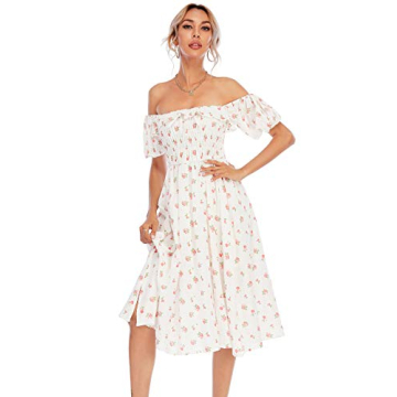 R.Vivimos Womens Summer Floral Print Midi Dress with Puff Sleeves