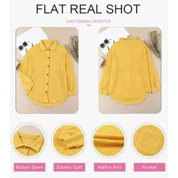 Dokotoo Womens Shacket Jacket Waffle Knit Button Down Tops for Women Casual Loose Fit Long Batwing Sleeve Blouses Lightweight Solid Color V Neck Shirts Yellow Large