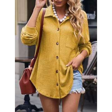 Dokotoo Womens Shacket Jacket Waffle Knit Button Down Tops for Women Casual Loose Fit Long Batwing Sleeve Blouses Lightweight Solid Color V Neck Shirts Yellow Large