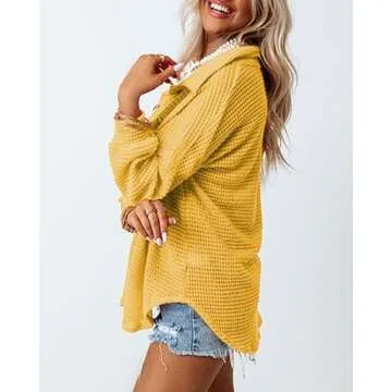 Dokotoo Womens Shacket Jacket Waffle Knit Button Down Tops for Women Casual Loose Fit Long Batwing Sleeve Blouses Lightweight Solid Color V Neck Shirts Yellow Large