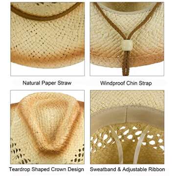 Womens Summer Western Straw Cowboy Hat Shapeable Sun Hat Wide Brim Outdoor UV Protection Foldable Fedora Travel Beach Cap Beige