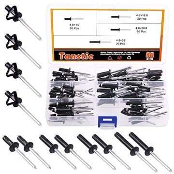 Tanstic 80Pcs 3/16'' x 9/16'' / 3/4'' / 13/16'' / 1" 4 Sizes Flange Aluminum Blind Rivets Large Head...