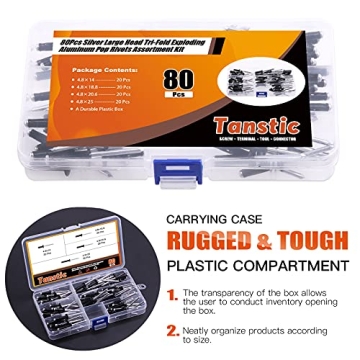 Tanstic 80Pcs Tri-Fold Pop Rivets Kit for DIY Projects