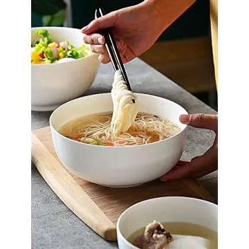Houlu 55 oz Large Soup Bowl, 8 inch Ramen Bowl Set, Pho Bowls and Spoons Set of 3, Off White Porcelain Serving Bowls