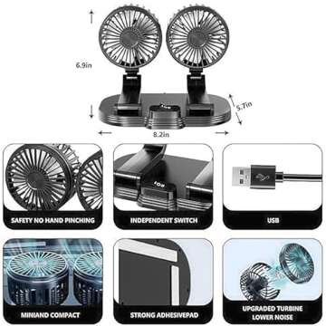 Car Fans, Portable Vehicle Cooling Fan, Dual Head USB Fan for Car with 2 Speeds, 360° Rotation, 5V/2A Usb Powered Car Fan for Car Dashboard, SUV,RV,Sedan,Truck,Cruise,Home & Office (1-BLACK)