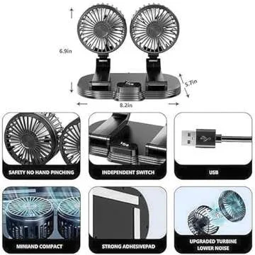 Car Fans, Portable Vehicle Cooling Fan, Dual Head USB Fan for Car with 2 Speeds, 360° Rotation, 5V/2A Usb Powered Car Fan for Car Dashboard, SUV,RV,Sedan,Truck,Cruise,Home & Office (1-BLACK)