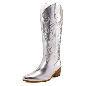 STALOV Metallic Cowboy Boots for Women, Western Embroidery Cowgirl Boots, Pointed Toe Pull-on Knee H...