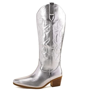 Stylish STALOV Metallic Cowboy Boots with Embroidery