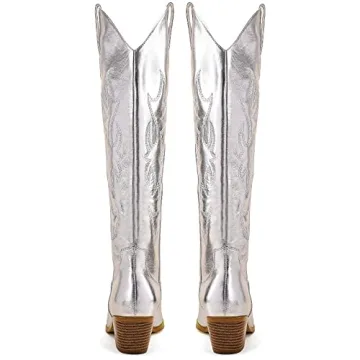 Stylish STALOV Metallic Cowboy Boots with Embroidery