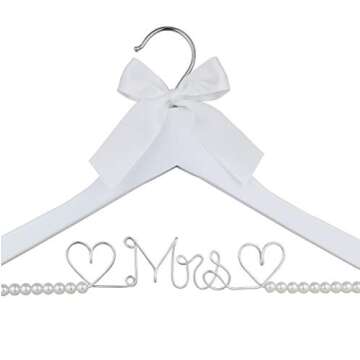 Bridal Dress Hanger Solid Wood Dress Hangers Mrs Letter Hanger Wedding Gift (White Hanger Pearl and Silver Thread)