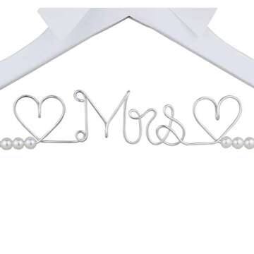 Bridal Dress Hanger Solid Wood Dress Hangers Mrs Letter Hanger Wedding Gift (White Hanger Pearl and Silver Thread)