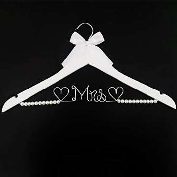Bridal Dress Hanger Solid Wood Dress Hangers Mrs Letter Hanger Wedding Gift (White Hanger Pearl and Silver Thread)