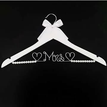 Bridal Dress Hanger Solid Wood Dress Hangers Mrs Letter Hanger Wedding Gift (White Hanger Pearl and Silver Thread)