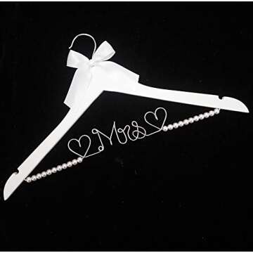 Bridal Dress Hanger Solid Wood Dress Hangers Mrs Letter Hanger Wedding Gift (White Hanger Pearl and Silver Thread)