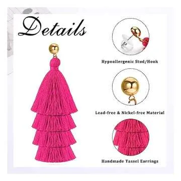 Layered Hot Pink Tassel Dangle Earrings for Women