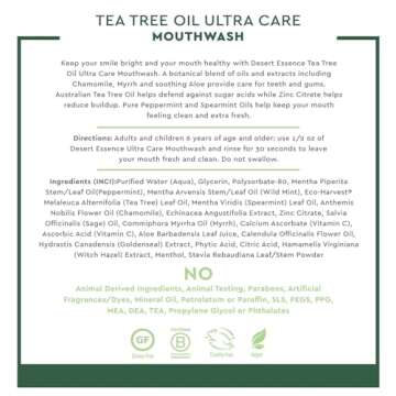 Desert Essence Natural Tea Tree Oil Ultra Care Mouthwash - Mega Mint - 16 Fl Oz - Freshens Breath - Defends Against Sugar Acids - Vitamin C - Soothes Gums - Whitening Floss - Removes Food Debris