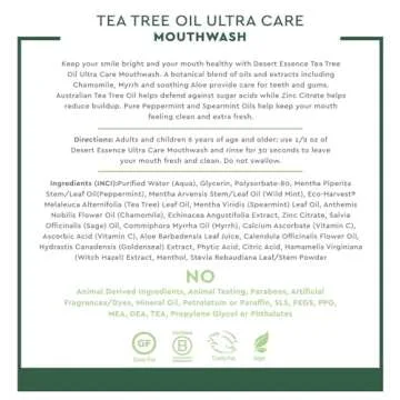 Desert Essence Natural Tea Tree Oil Ultra Care Mouthwash - Mega Mint - 16 Fl Oz - Freshens Breath - Defends Against Sugar Acids - Vitamin C - Soothes Gums - Whitening Floss - Removes Food Debris