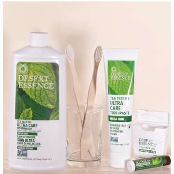 Desert Essence Natural Tea Tree Oil Ultra Care Mouthwash - Mega Mint - 16 Fl Oz - Freshens Breath - Defends Against Sugar Acids - Vitamin C - Soothes Gums - Whitening Floss - Removes Food Debris