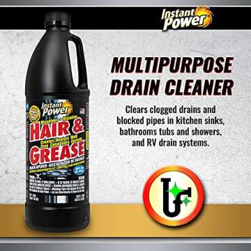 Instant Power Hair and Grease Drain Opener – Multipurpose Liquid Drain Cleaner and Clog Remover, Odorless, Ready to Use, 33.8 Oz, 1 Liter