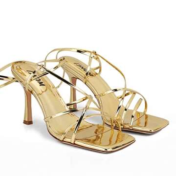 ISNOM Gold Strappy Heels for Women Lace up Heels Gold Heels for Women Tie up Heels Square Toe Heels ...