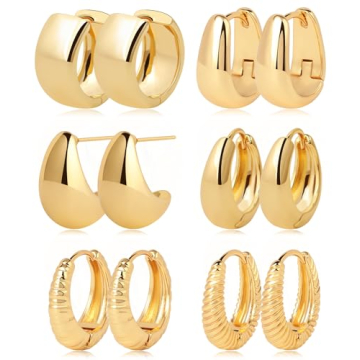 Gold Hoop Earrings Set 14k Gold Plated Huggie Earrings Chunky Twisted Thick Jewelry for Multiple Pie...