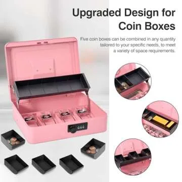 Sgorlds Large Locking Cash Box with Combination Lock and Money Tray, Money Box with Cash Tray, Lock Safe Box for Office Business, 11.8" x 9.5" x 3.5", Pink