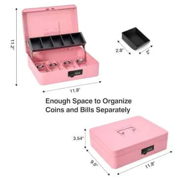 Sgorlds Large Locking Cash Box with Combination Lock and Money Tray, Money Box with Cash Tray, Lock Safe Box for Office Business, 11.8" x 9.5" x 3.5", Pink