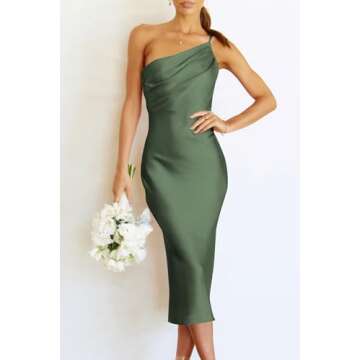 PRETTYGARDEN Women's Midi Satin Dress One Shoulder Spaghetti Strap Backless Ruched Summer Bodycon Dresses
