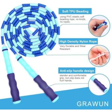 GRAWUN Jump Rope For Kids, Soft Beaded Jump Rope, Adjustable Length Tangle-Free Segmented Soft Beade...