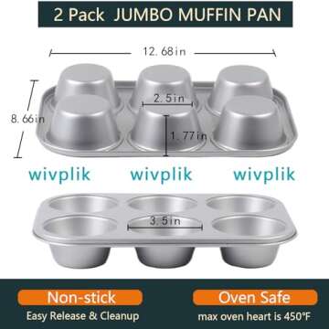 wivplik Nonstick jumbo Muffin Pans 6 Cups，2 Pack Extra Large Cupcake Tins for Baking，Premmium No...
