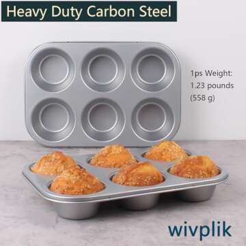 wivplik Nonstick jumbo Muffin Pans 6 Cups，2 Pack Extra Large Cupcake Tins for Baking，Premmium Non-stick Coating for Non-Toxic,Heavy Duty Carbon Steel, 3.5 dia,Deep Muffin Tray