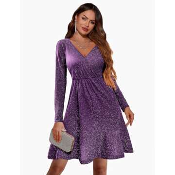 Zeagoo Womens Glitter Dress Wrap V Neck Long Sleeve Ruffle Hem Swing Club Cocktail Party Dresses Mini Sparkle New Year Eve Dress Purple