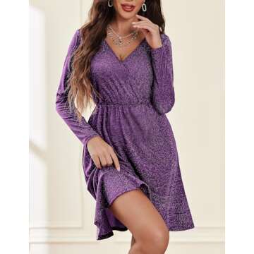 Zeagoo Womens Glitter Dress Wrap V Neck Long Sleeve Ruffle Hem Swing Club Cocktail Party Dresses Mini Sparkle New Year Eve Dress Purple